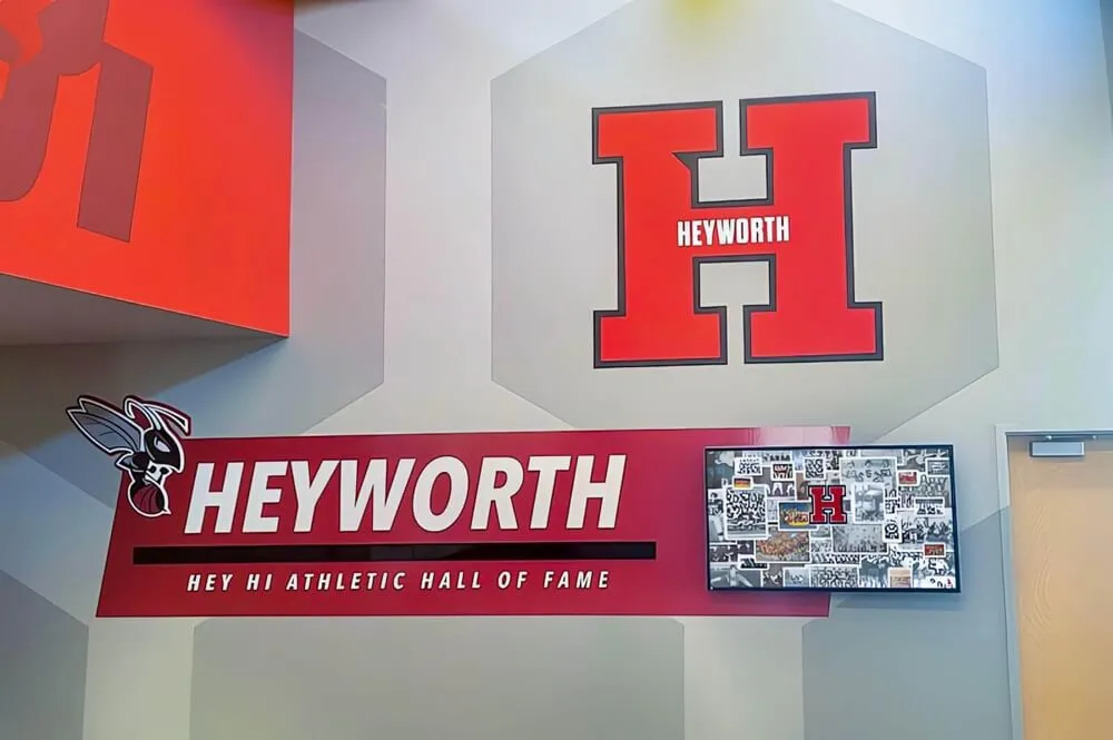 Heyworth athletic hall of fame wall sign with letter winner recognition