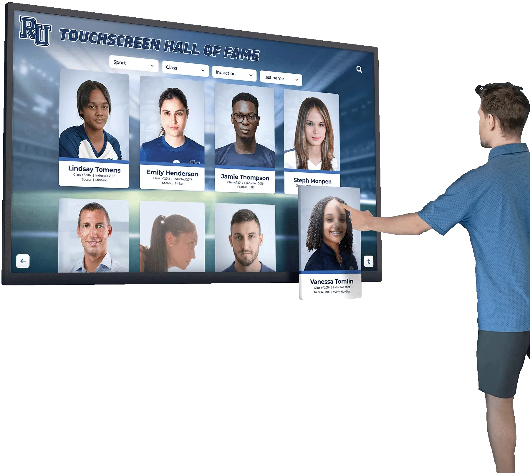 Interactive touchscreen displaying athlete profiles and achievements Hall of fame display