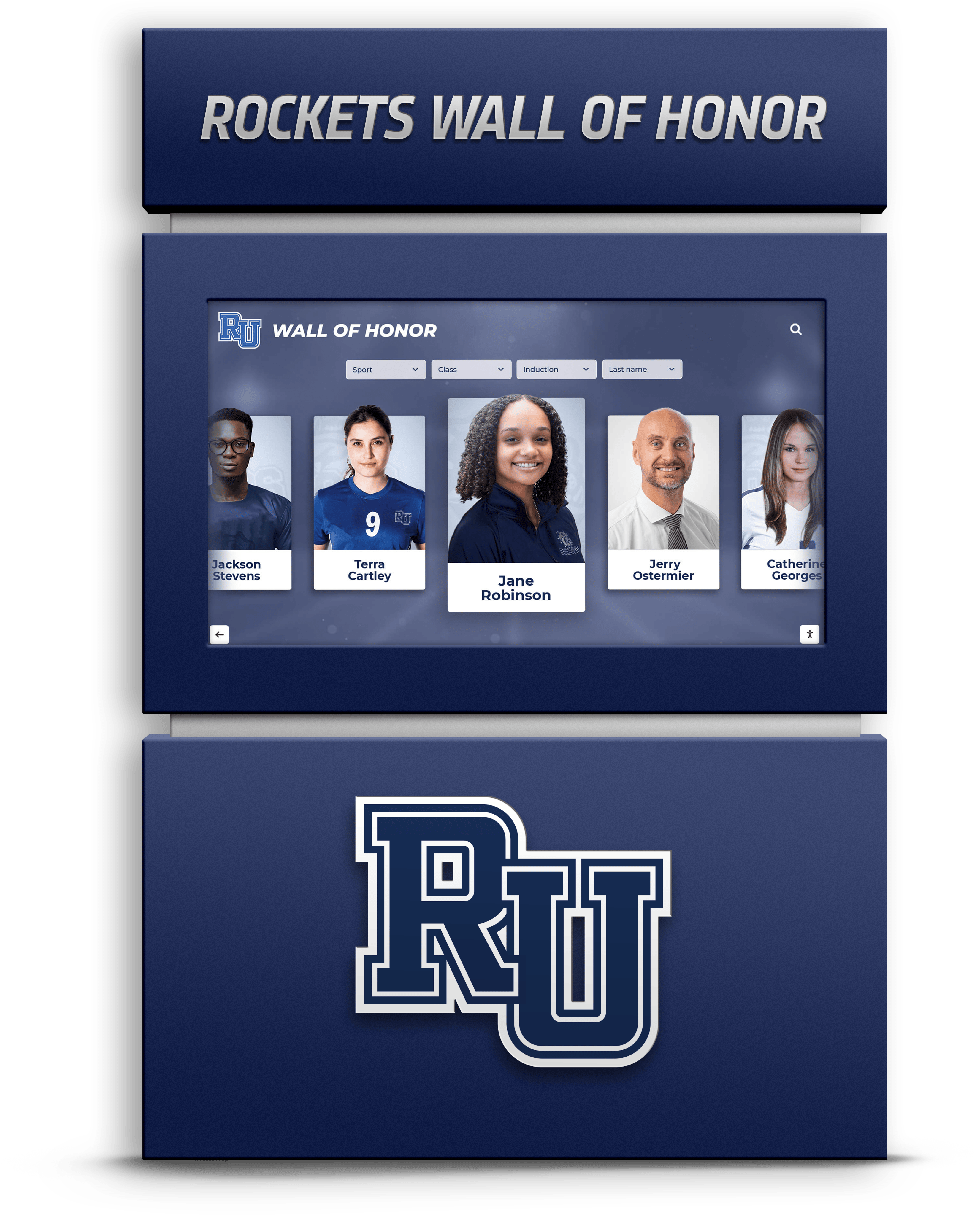 Touchscreen portrait display of athletes on wall of honor