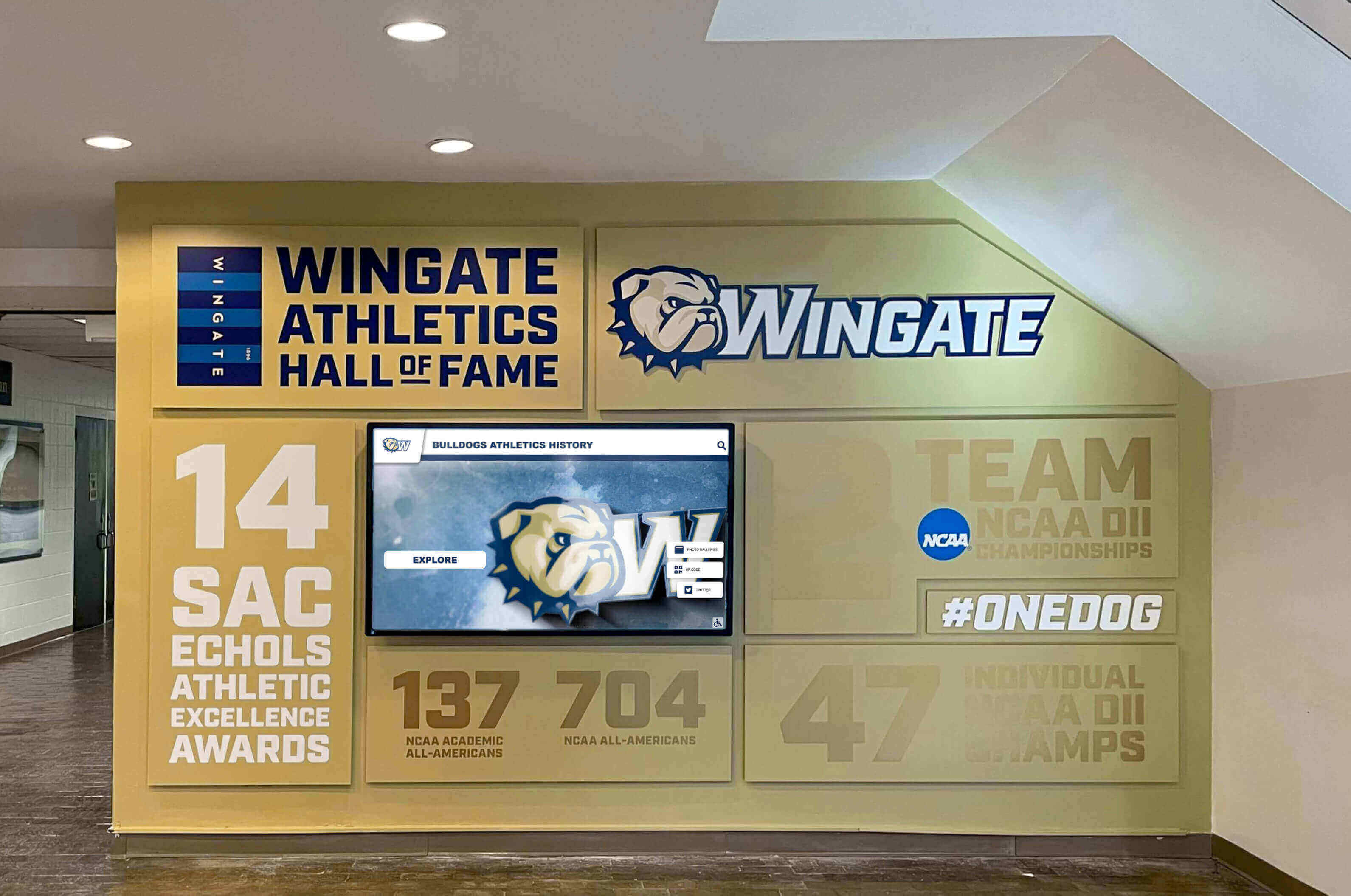 Hall of fame lobby display featuring athletic achievements